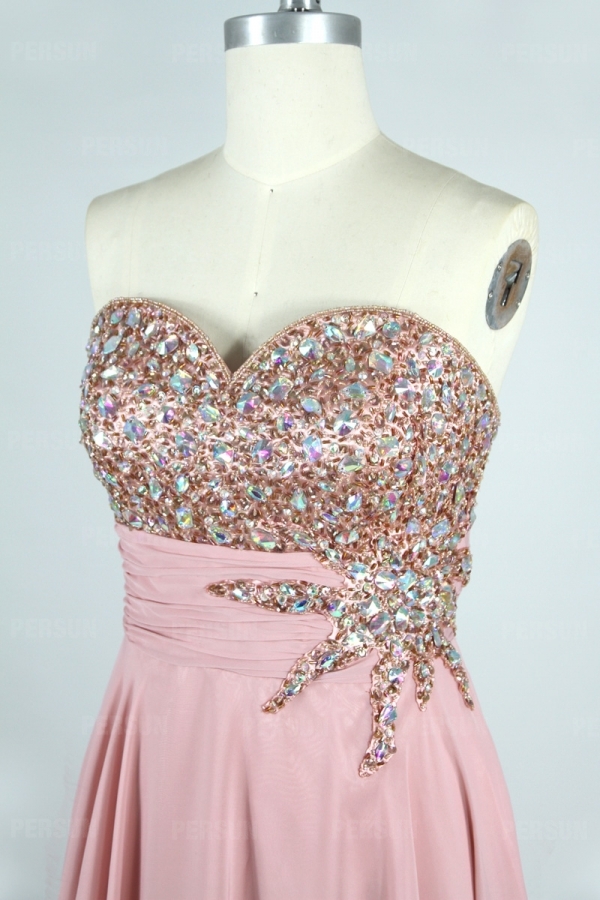 Beaded Top Sweetheart Chiffon Skin pink A line Formal Dress