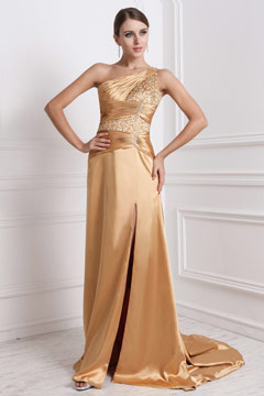 Sequined Beading One Shoulder Elastic Woven Satin A line Evening Dress