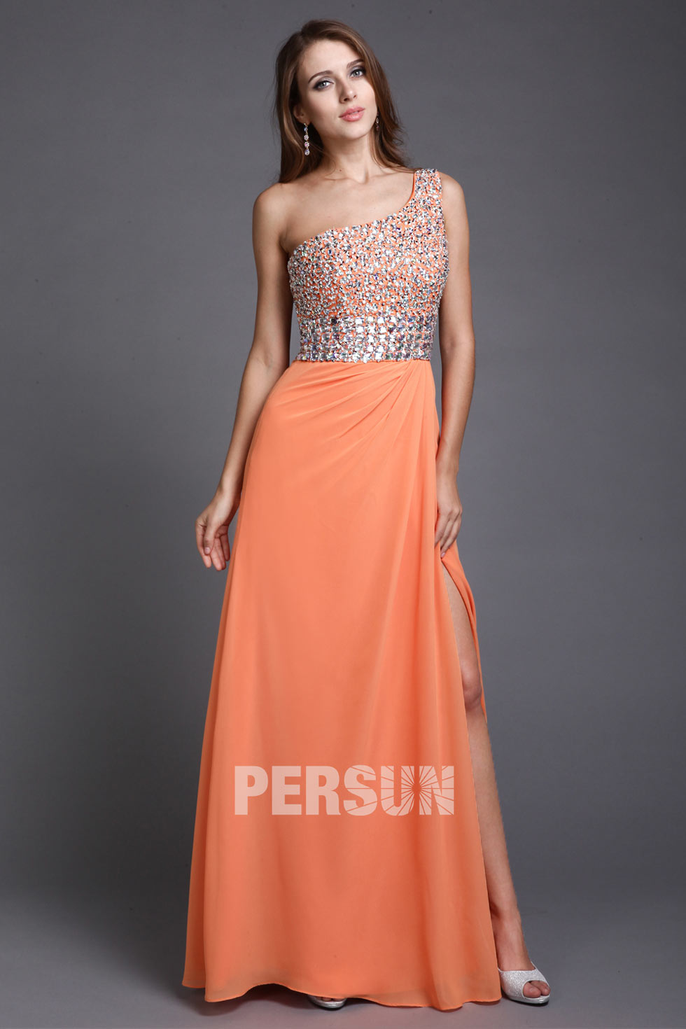 Sequined One Shoulder Chiffon Orange Column Evening Dress