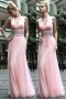 Ruched Beading V neck Tulle Pink Column School Formal Dress