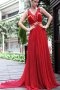 Beaded Ruched V neck Chiffon Red A line Formal Dress