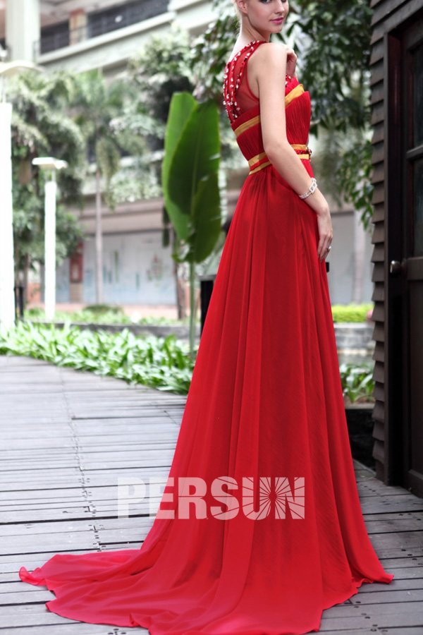 Beaded Ruched V neck Chiffon Red A line Formal Dress