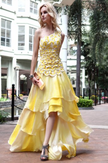 One Shoulder Beaded Applique High Low A-line Prom Dress