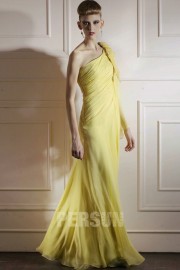 One Shoulder Yellow Pleated Column Tencel Prom Dress