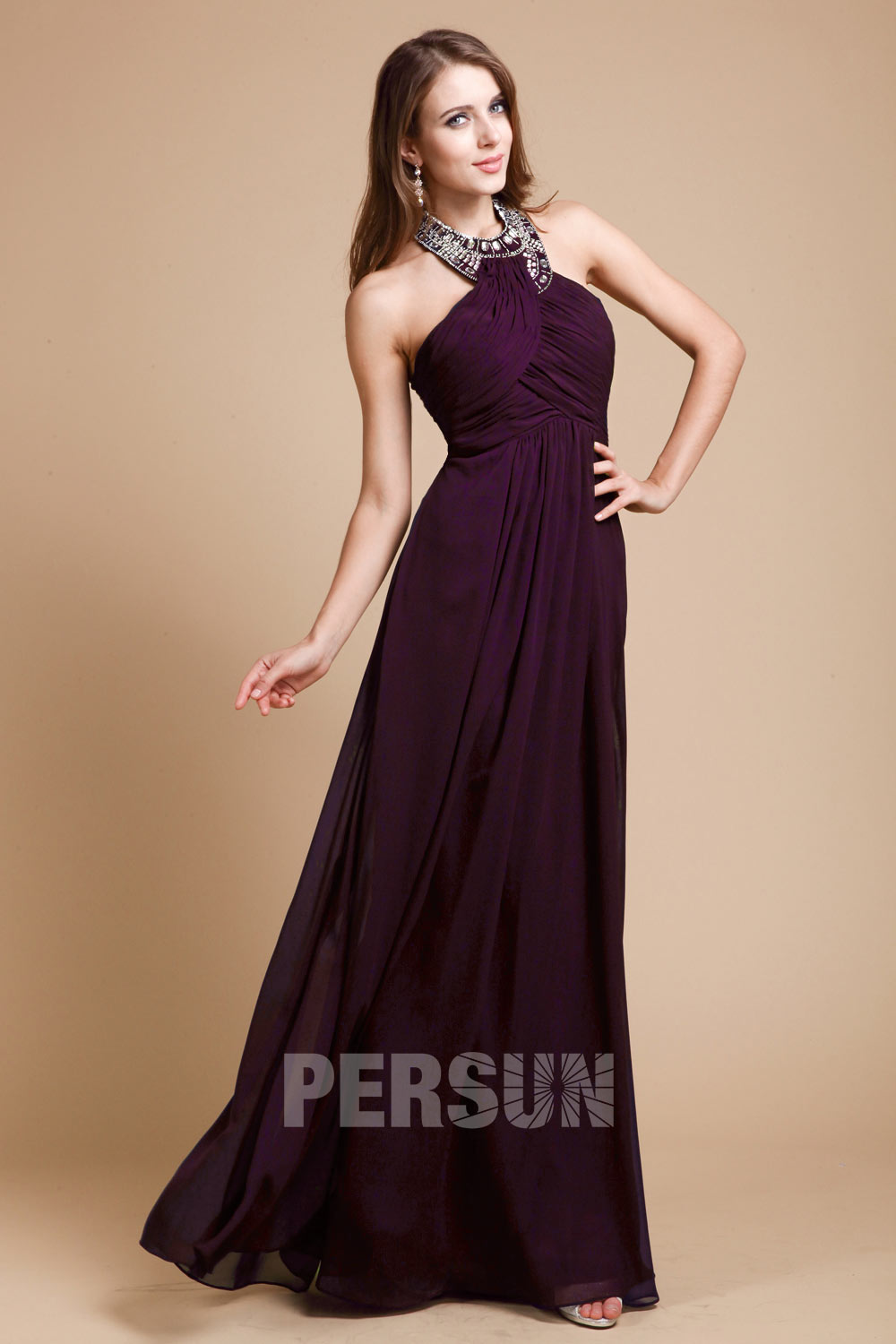Beaded Ruched Halter Floor Length A Line Chiffon Prom Dress