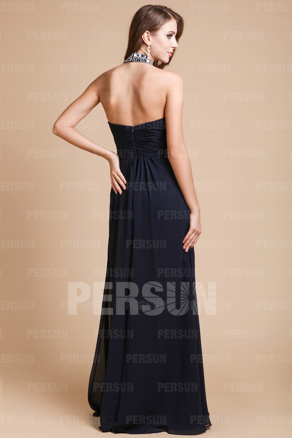 Beaded Ruched Halter Floor Length A Line Chiffon Prom Dress