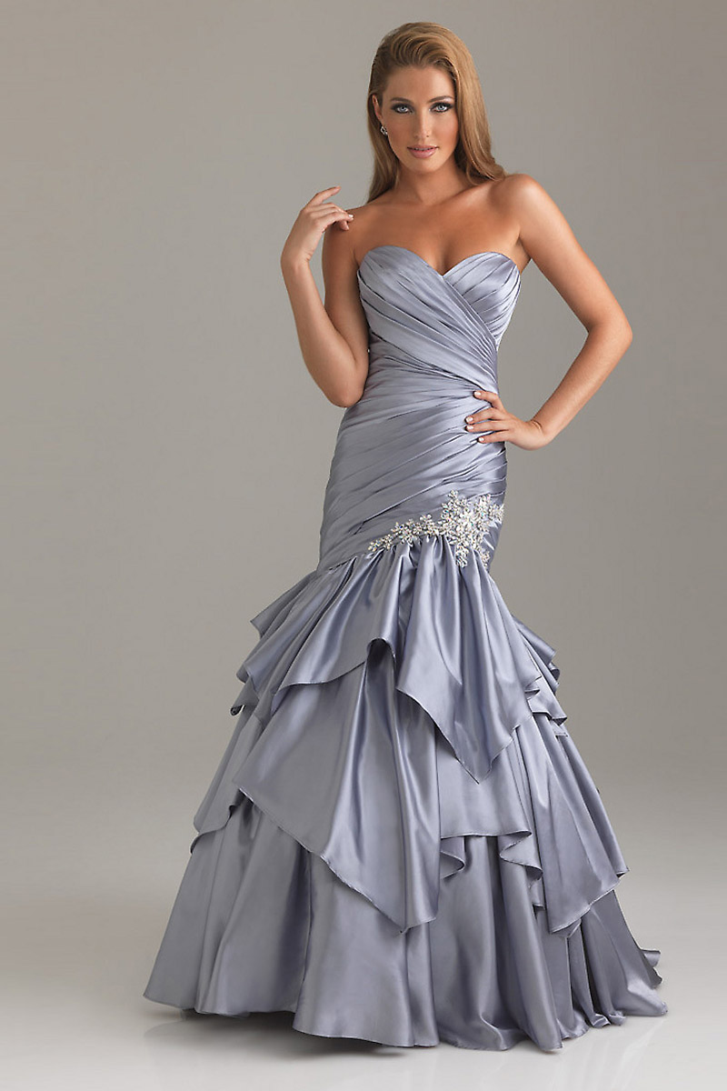 Silver Mermaid Evening dress with ruched top & beading details