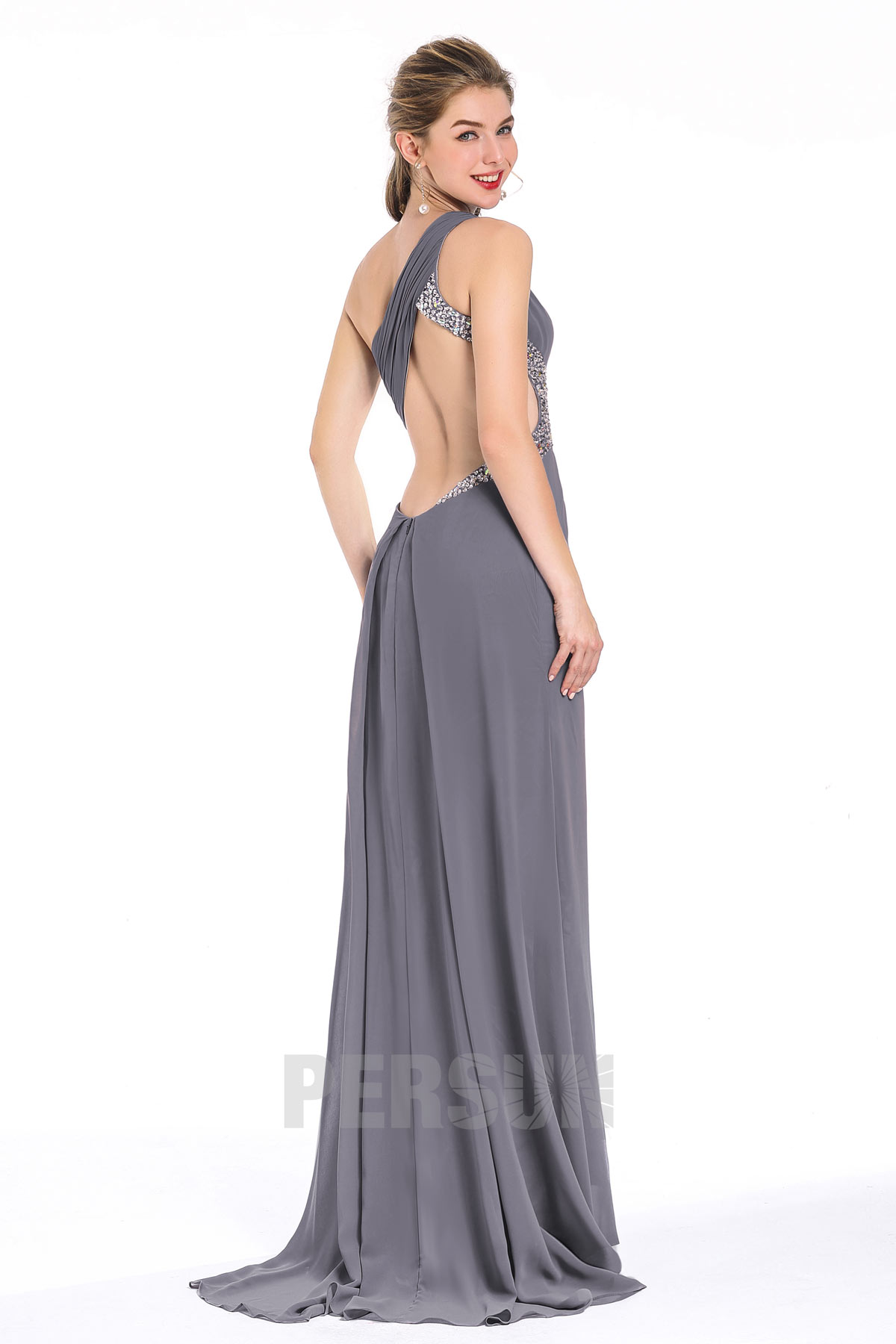 Sexy Grey Column Chiffon Long One Shoulder Evening Dress