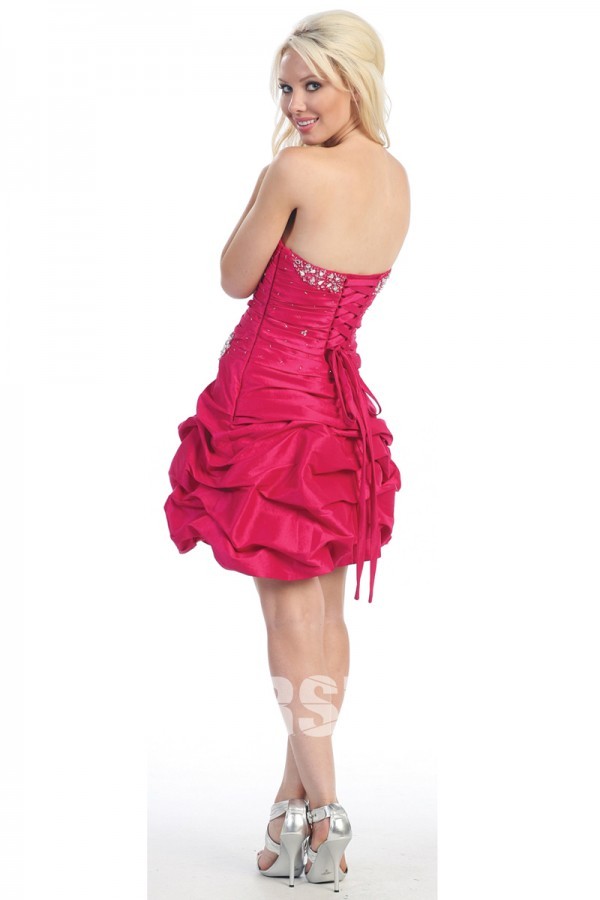 Ruching Beading Strapless Taffeta Red A line Cocktail Dress