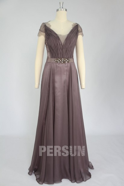 Dark gray Long Prom Dress with cap sleeves in lace