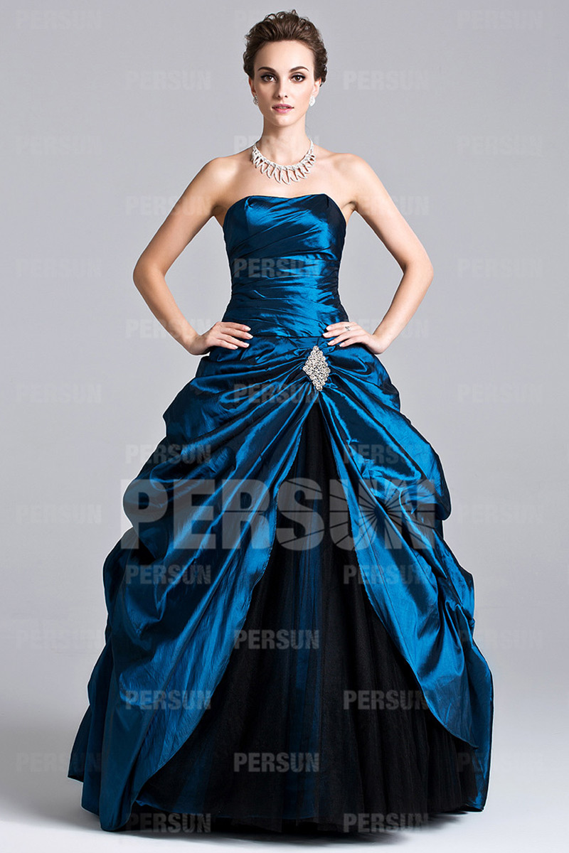 Unique Pick Up Skirt Pleats Strapless Taffeta Ball Gown Evening Dress