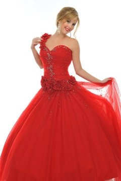 One Shoulder Lace Up Tulle Flower Ball Gown Red Prom Dress