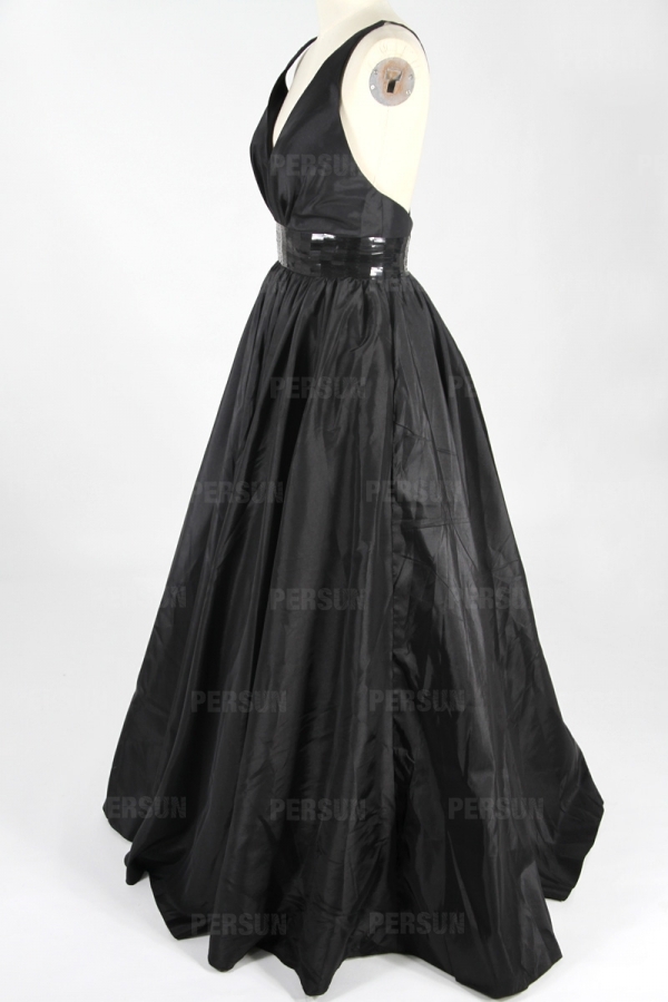 Belt V neck Taffeta Black A line Evening Dress