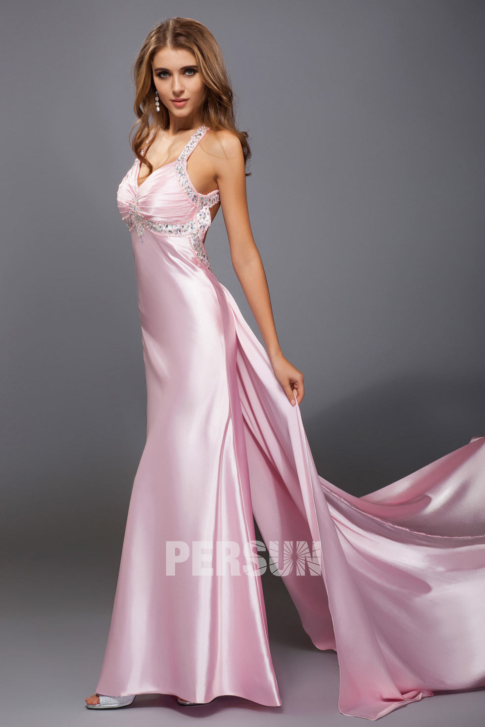 Sexy Beading Ruching Straps Satin A line Evening Dress