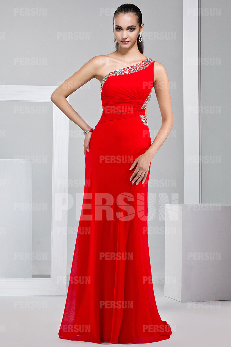 Beading Ruching One Shoulder Chiffon Column Evening Dress