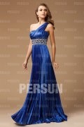 One Shoulder Blue Beading Pleats Royal Satin Prom Dress