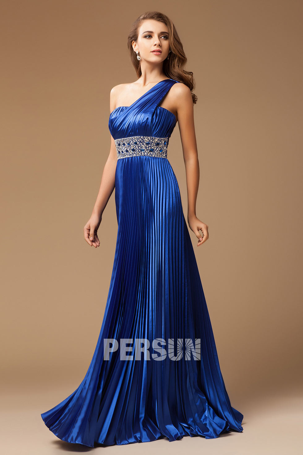 One Shoulder Blue Empire Beading Pleats Royal Satin Prom Evening Dress