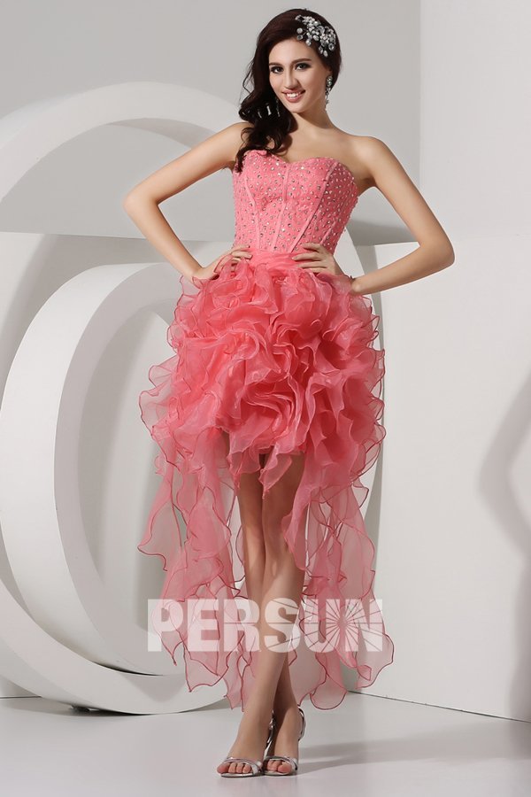 Pleated Beading Sweetheart Organza A line High Low Cocktail Dress