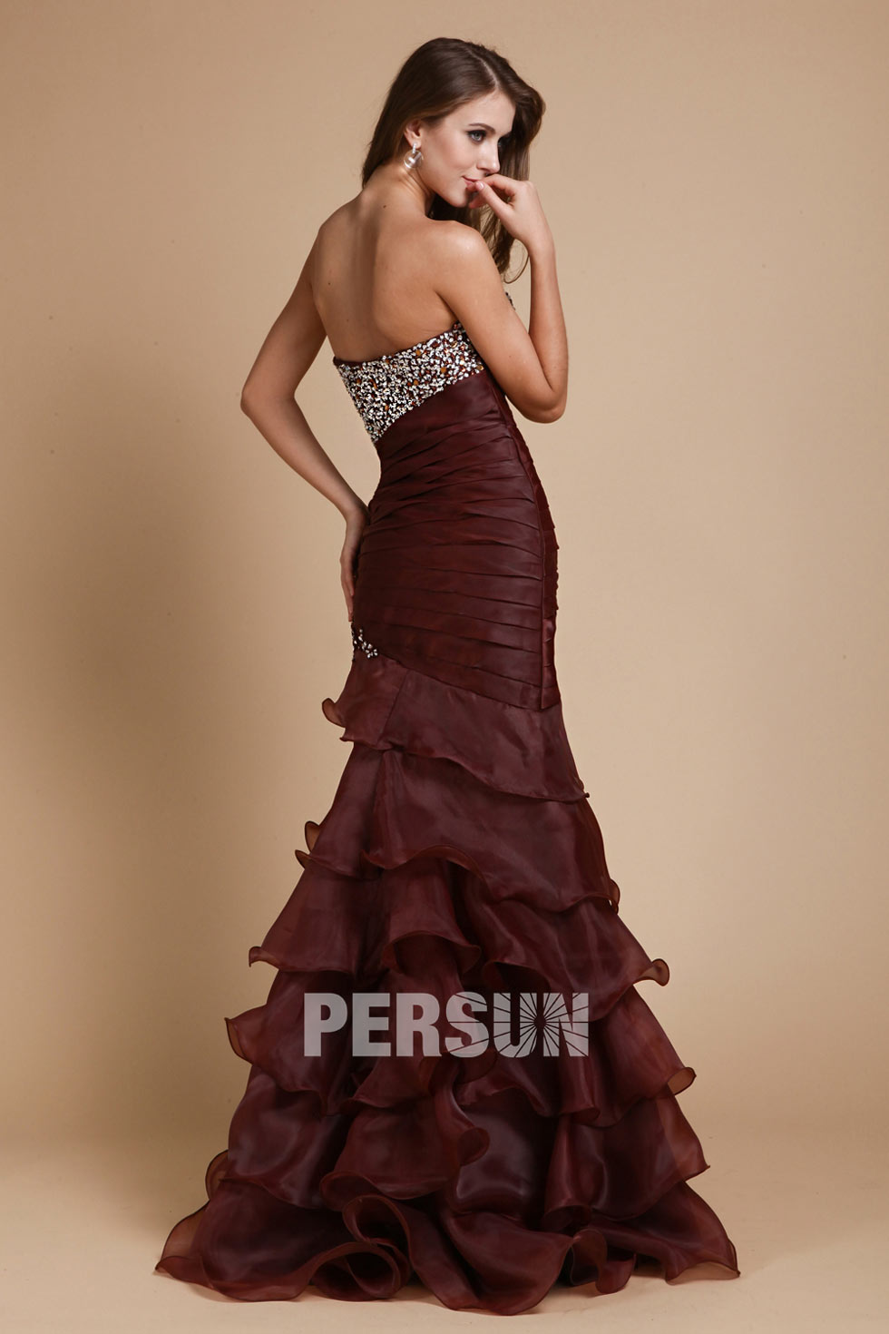 Chocolate Long Prom dress with ruched bodice