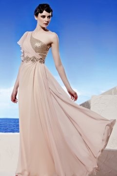 Beading Applique Sequins One Shoulder Tencel Pink Evening Dress