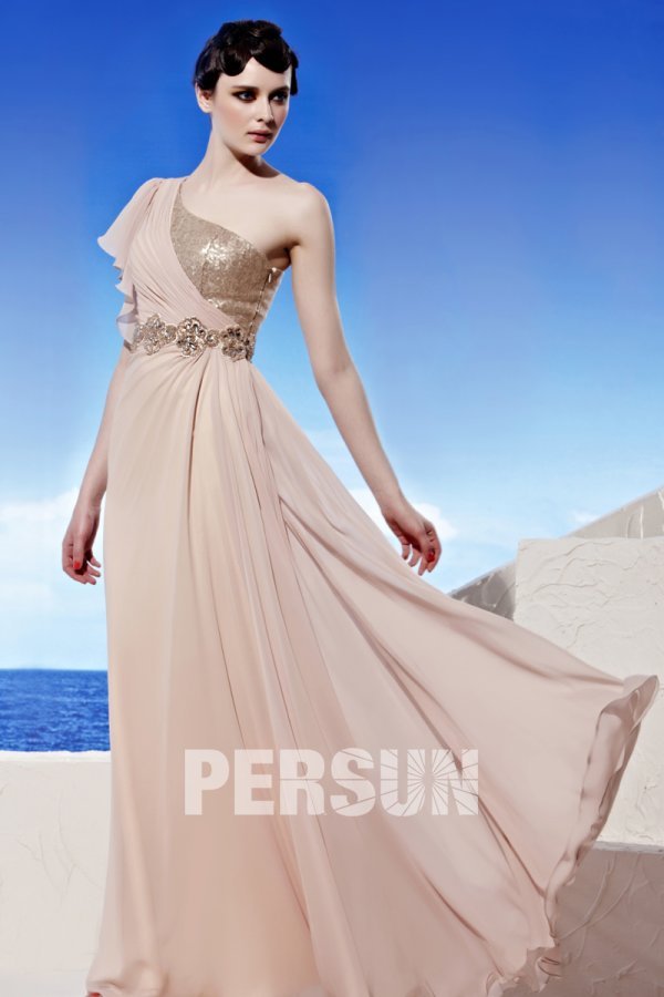 Beading Applique Sequins One Shoulder Tencel Pink Evening Dress