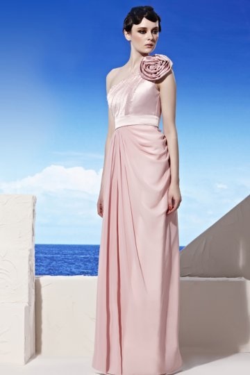 2014 One Shoulder Pleats Flower Pink Chiffon Evening Dress