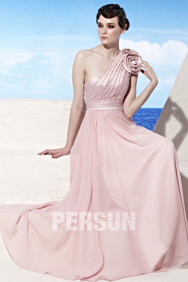 Pleats Flower One Shoulder Chiffon Pink Evening Dress
