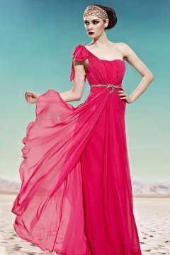 One Shoulder Red Ruching Column Tencel Evening Dress
