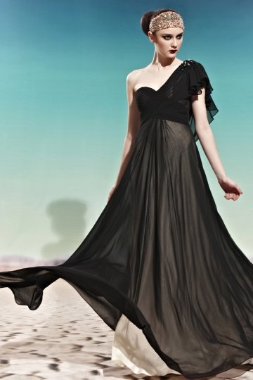 Dressesmall Ruffle Ruching One Shoulder Tencel Black A line Formal Evening Dress