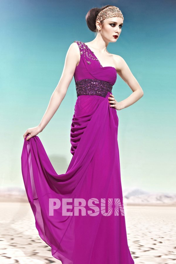 Sequins One Shoulder Chiffon Column Fuchsia Formal Evening Dress