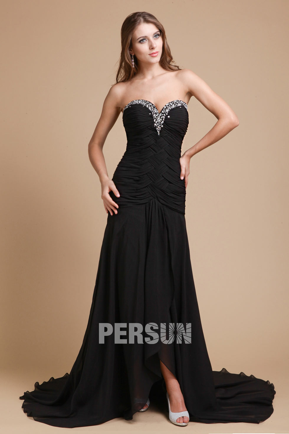 Delicate A Line V Neck Strapless Cross Ruched Chiffon Train Formal Dress