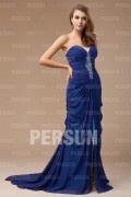 Sexy Strapless Beading Ruched Blue Chiffon Long Prom Formal Dress