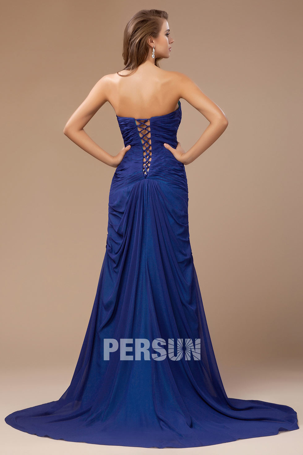Sexy Strapless Beading Ruched Blue Chiffon Long Formal Dress