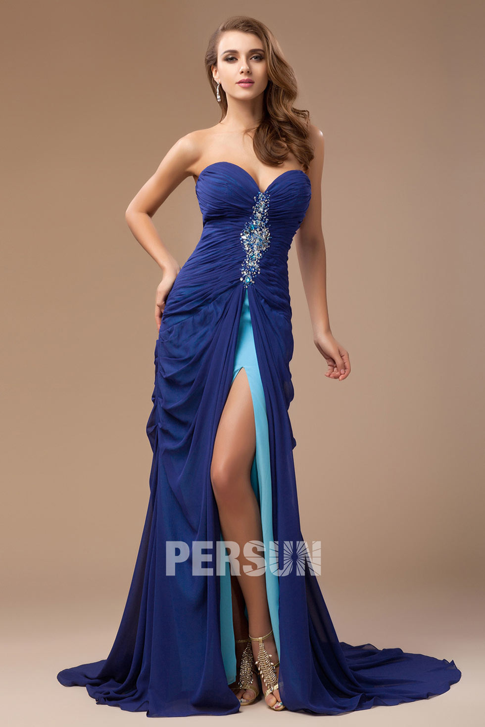 Sexy Strapless Beading Ruched Blue Chiffon Long Formal Dress