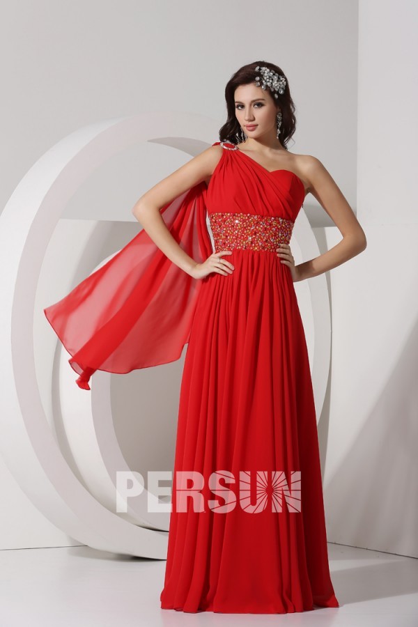 A line Empire One Shoulder Beading Ruched Watteau Style Streamers Chiffon Long Formal Dress