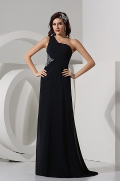 A line One Shoulder Backless Ruched Beading Chiffon Long School Formal Dress