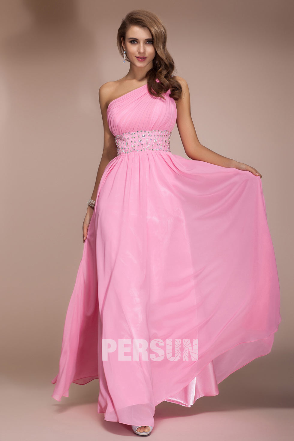 Chiffon Sexy One Shoulder Pink Beading Empire Long School Formal Dress