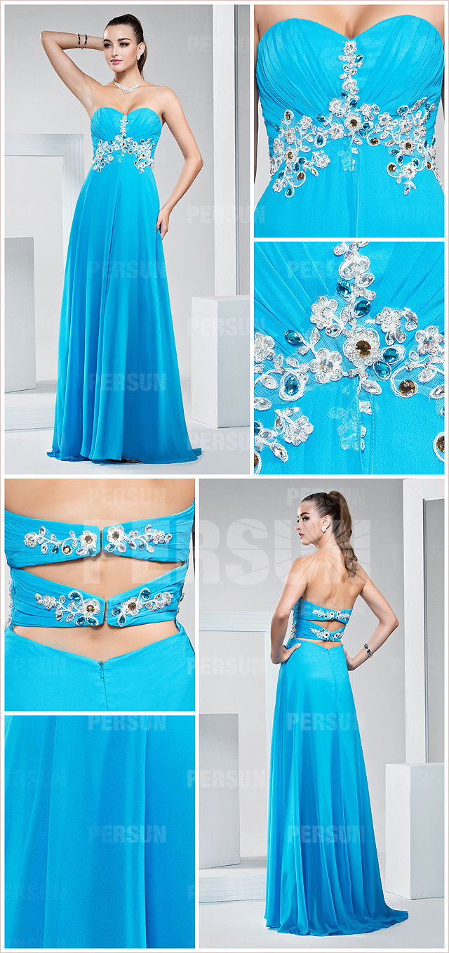  blue exquisite chiffon sweetheart beading ruching A line long formal dress details