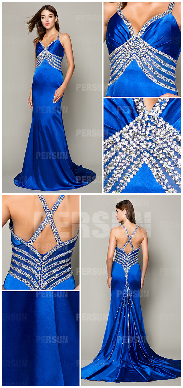  blue chiffon spaghetti straps V neck beading A line long formal dress
