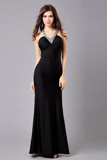 Dressesmall Persun Mermaid V-neck Long Black Jersey Evening Dress adorned with Rhinestones