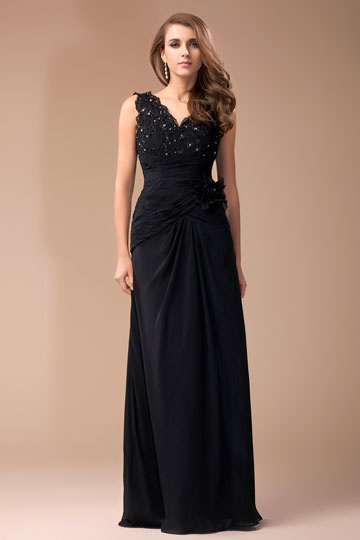 V-neck Lace Ruching A-line Long Elegant Chiffon Prom Dress