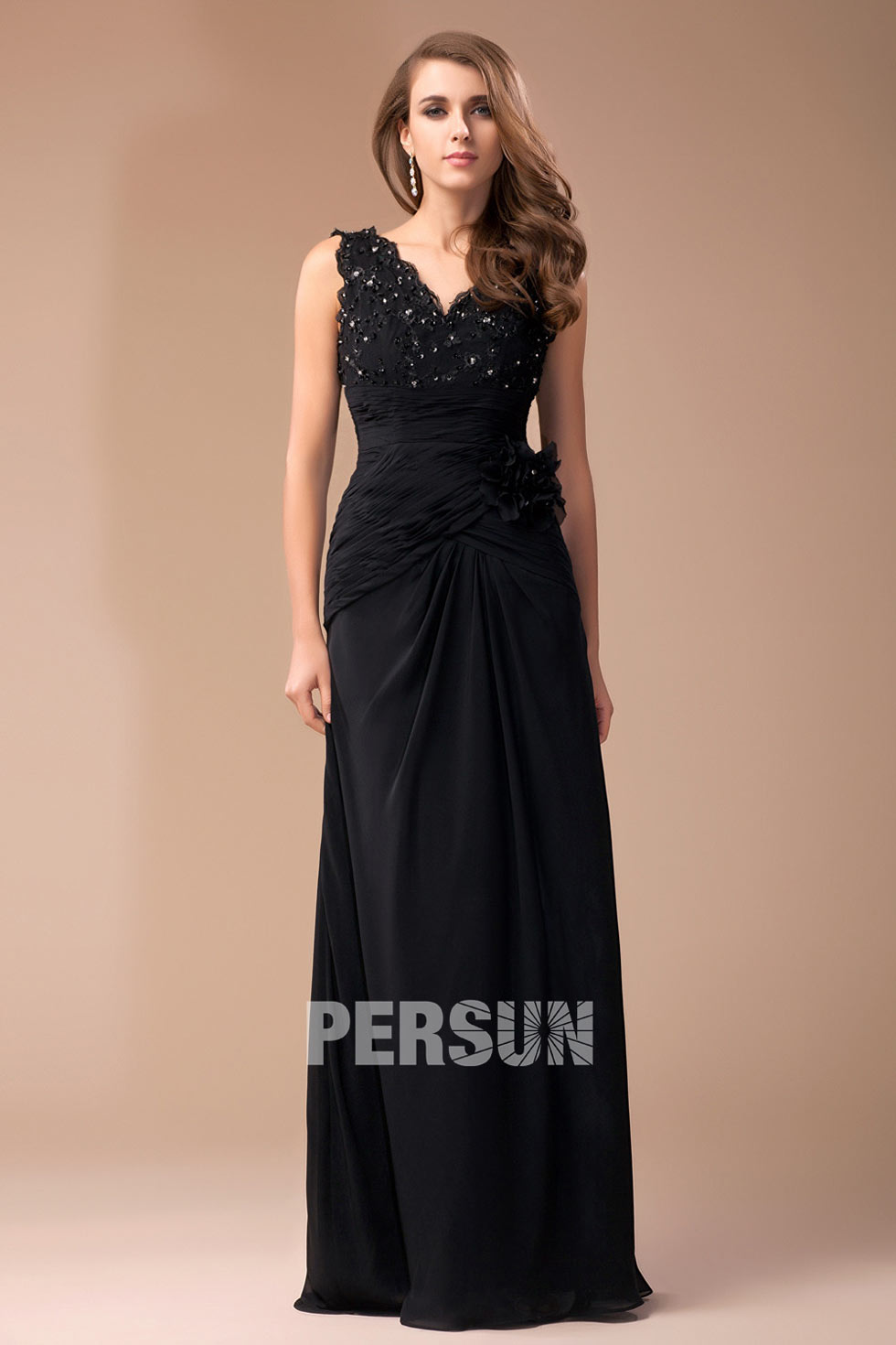 Elegant Chiffon V neck Lace Ruching A line Long School Formal Dress