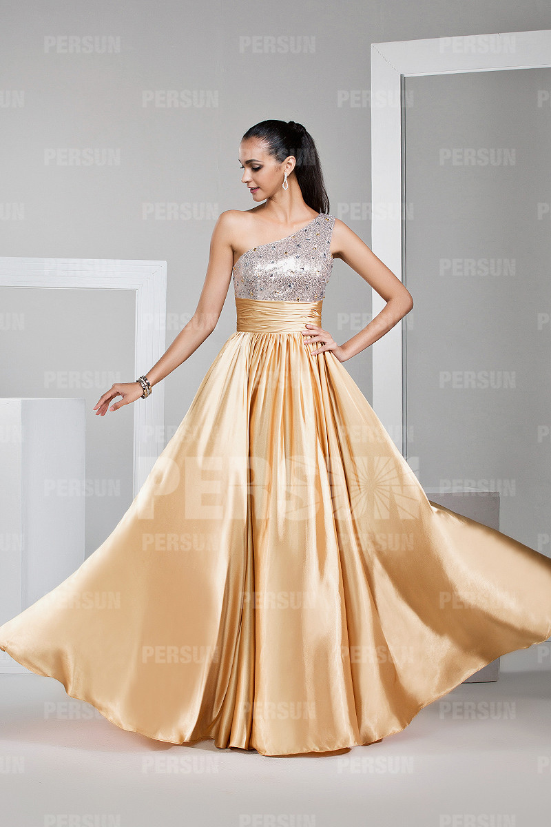 Gorgeous One shoulder Sequined Golden School Formal Dress
