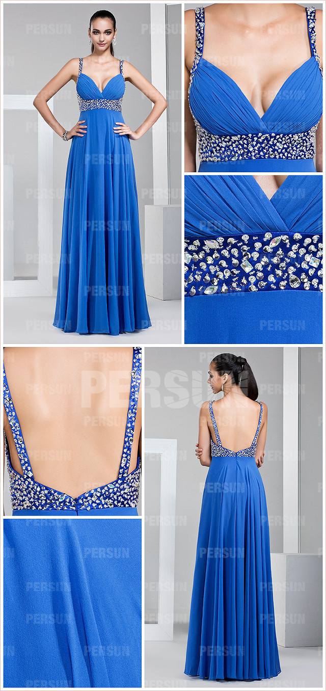  Sexy Backless Low V neck Straps Low V Blue toned Chiffon Evening Gown