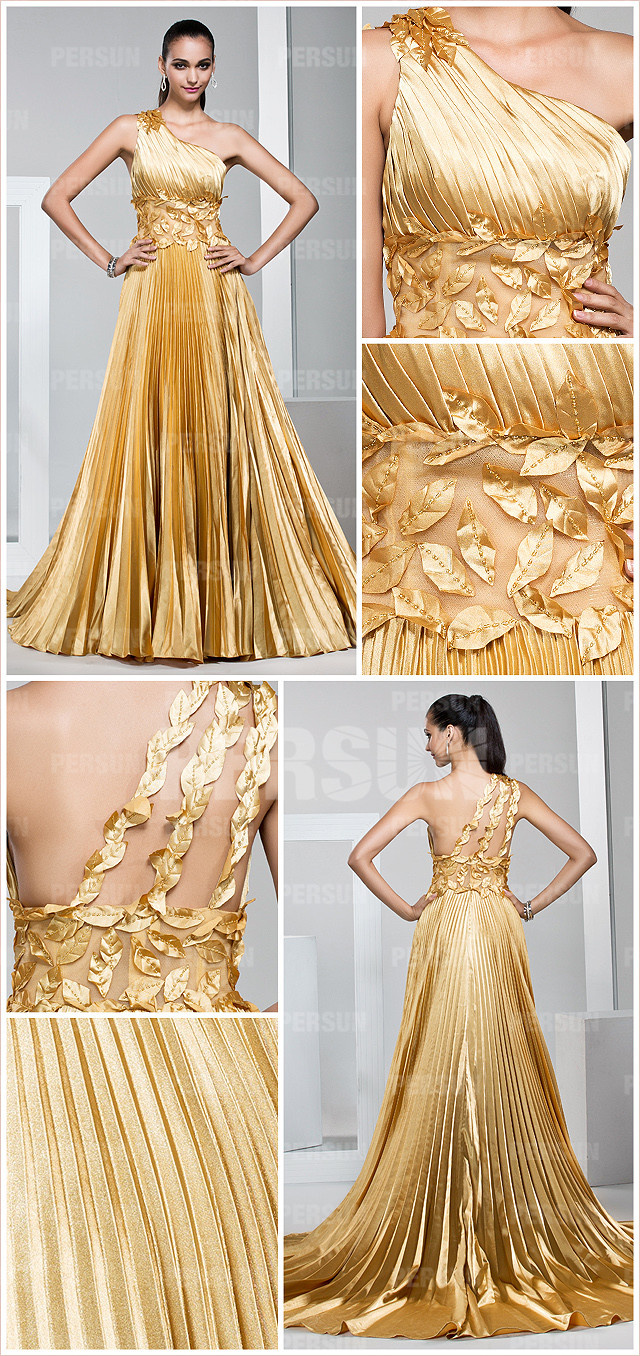 Golden Gorgeous One shoulder Pleated Pageant Formal Evening Dress