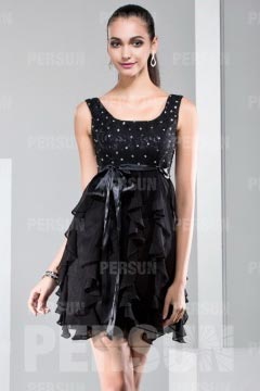 Short formal dress with ruffle skirt and sash in satin
