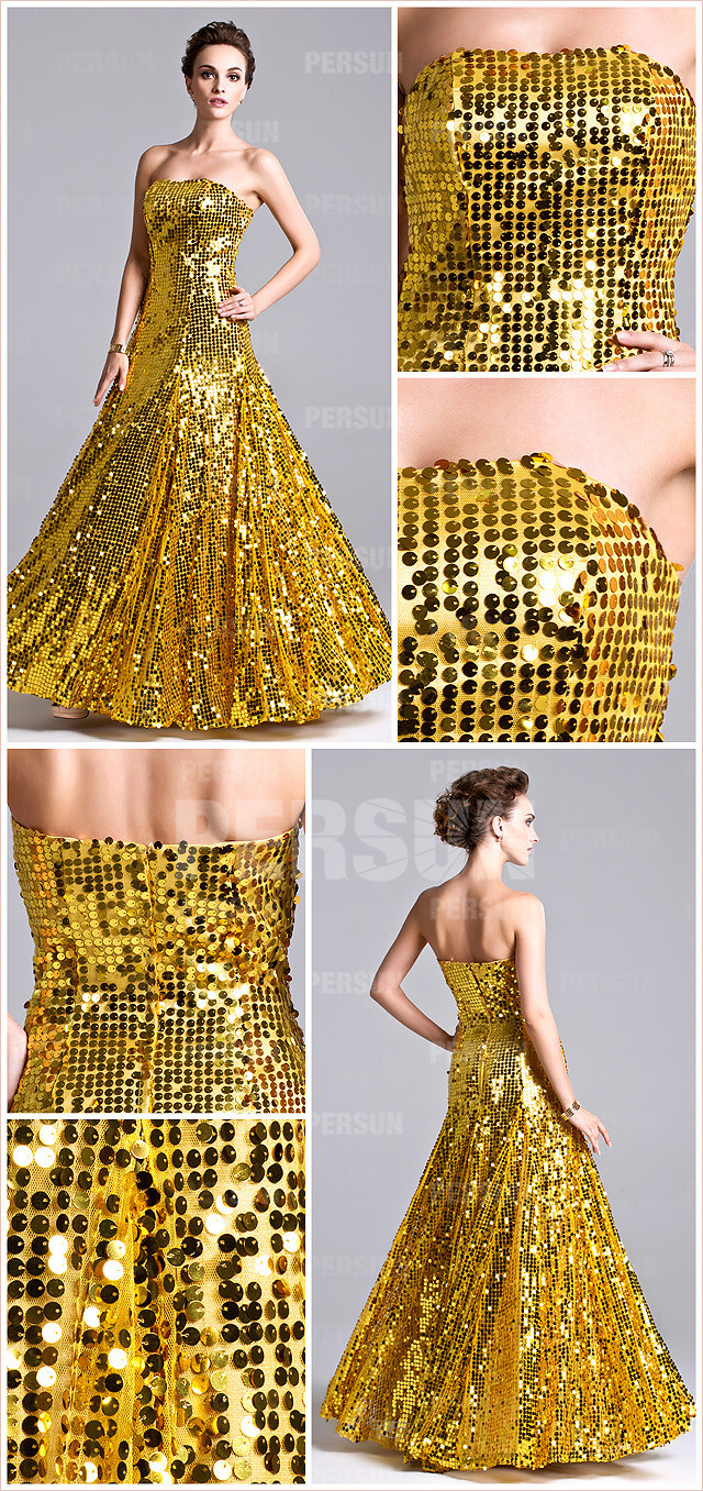  Yellow Sparkling Sequined Full length Formal Evening Dress