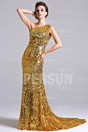 One shoulder Sequins Evening Formal Gown with Court Train