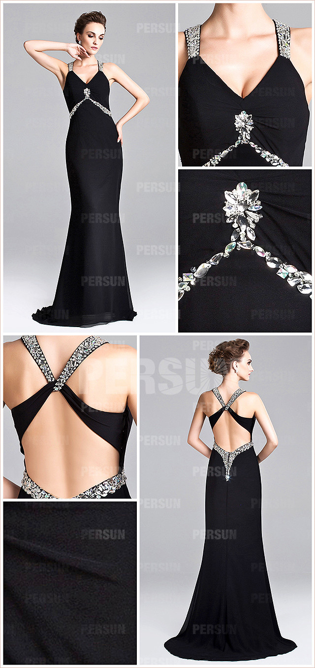  Sexy straps chiffon black backless evening gown with beading details