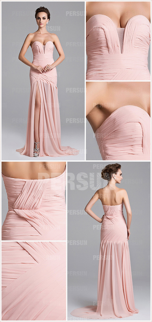  Sexy split front pink chiffon sweep train formal evening dress detail design